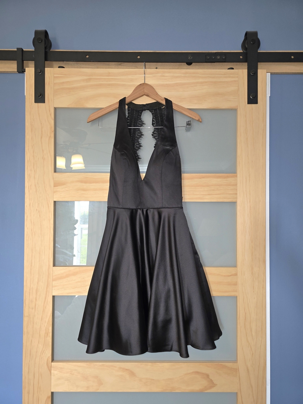 Black Satin Halter Mini Dress with Lace Back~Elegant And Flirty